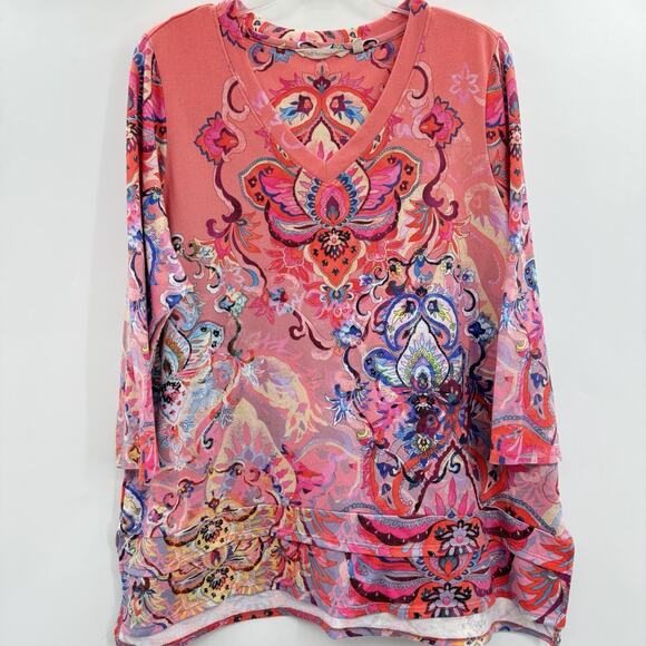 Soft Surroundings Bright Paisley V-Neck Sweater Tunic Sz 1X Pink Multi Boho - Picture 1 of 11